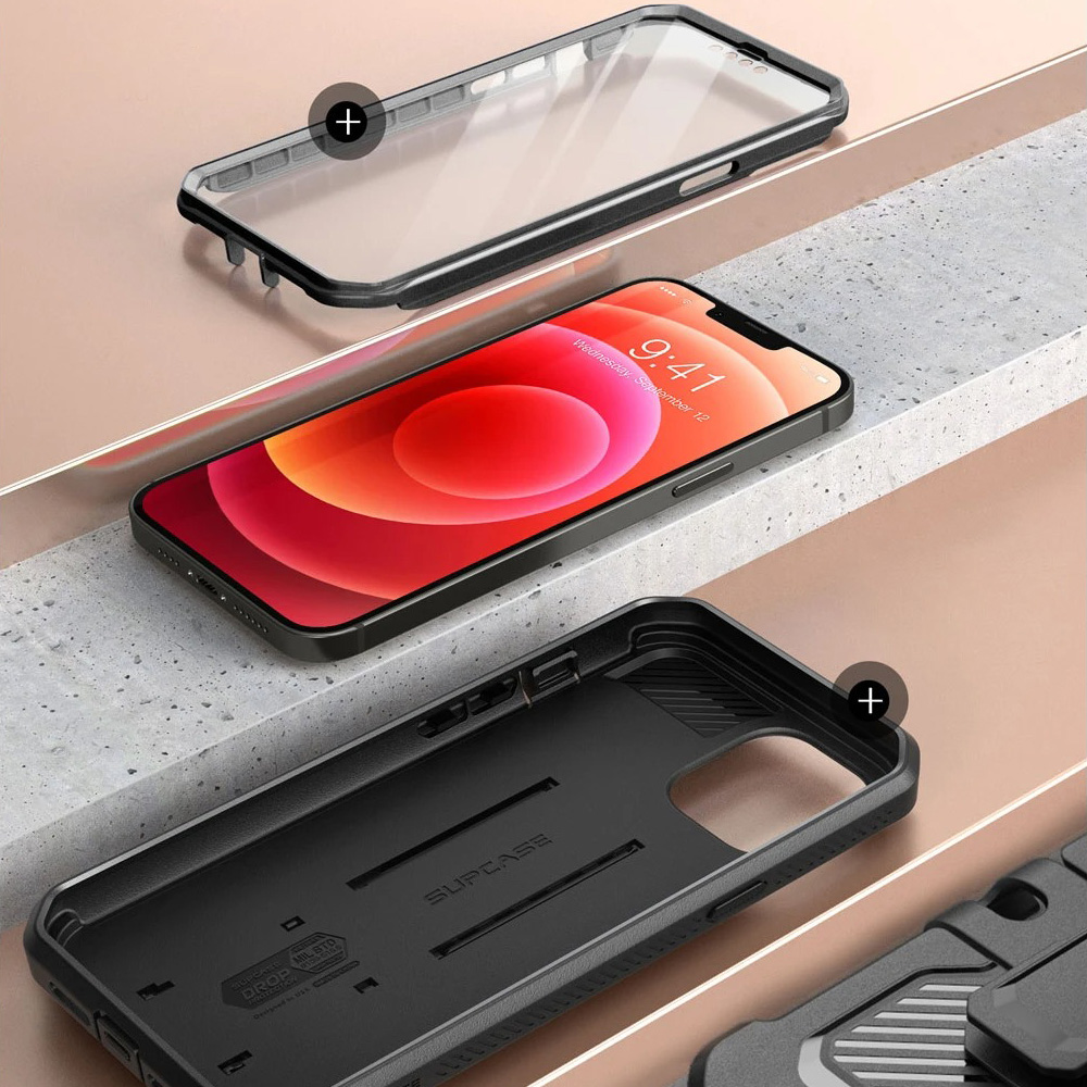 Etui pancerne z osłoną na ekran, z wbudowaną podstawką i kaburą z klipsem obrotowym Supcase Unicorn Beetle Pro do iPhone 13 Pro Max